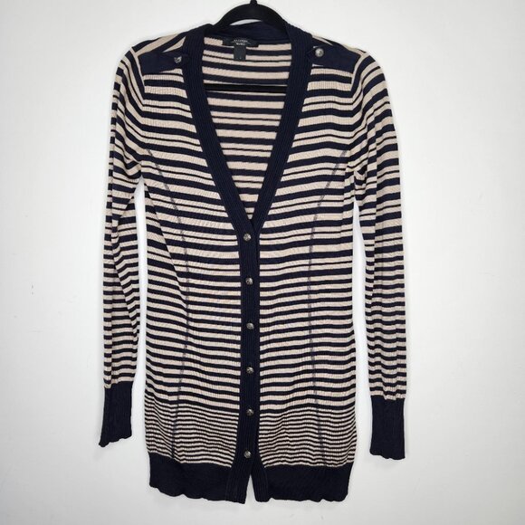Max Mara Weekend Silk Cardigan Sz L Button Front Striped Navy Blue Beige - Picture 1 of 11